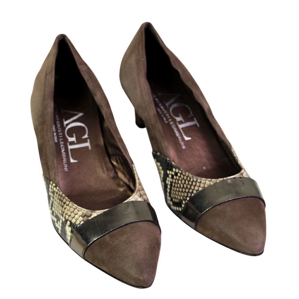 AGL Italy BROWN REAL LEATHER SUEDE LOW HEEL POINTED PUMP WOMEN'S SHOES Size 40